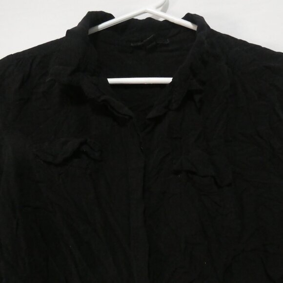 MAJORA | large | Black Button-Up Shirt | Scrunched Roll Tab Sleeves | Pockets - Picture 4 of 16